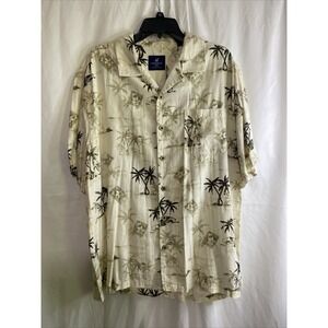 Caribbean Joe Button Up Shirt Mens XL Cream Palm Tree Print Excellent Camp Short